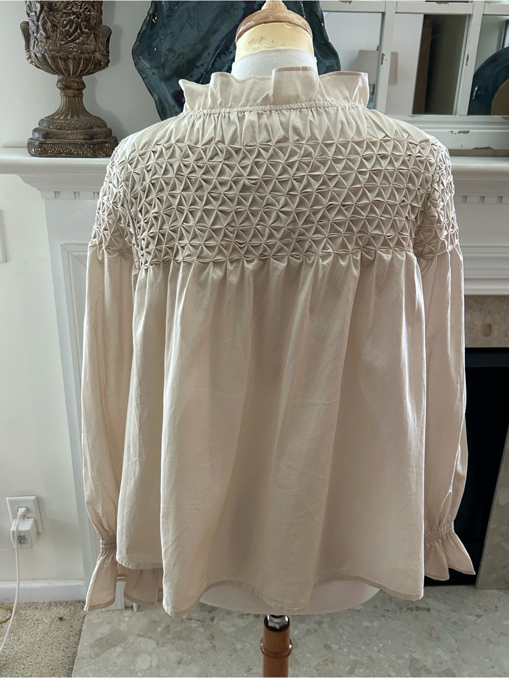 Merlette Majorelle Cream Smocked Yoke Blouse with a Elegant Ruffle Neck - Picture 9 of 12